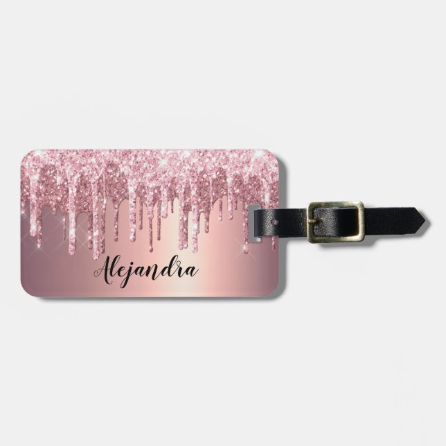 Elegante, stilvolle Kupfergold-Rose-Glitzer-Tropfe Gepäckanhänger (Vorderseite horizontal)