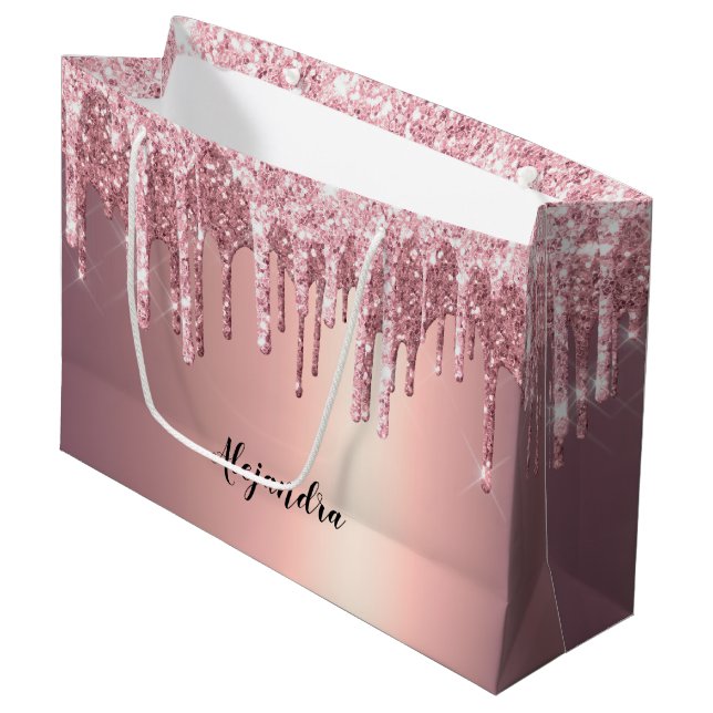 Elegante, stilvolle Kupfergold-Rose-Glitzer-Tropfe Große Geschenktüte (Vorderseite Schrägansicht)