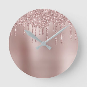 Elegante, stilvolle Kupfergold-Rose-Glitzer-Tropfe Runde Wanduhr