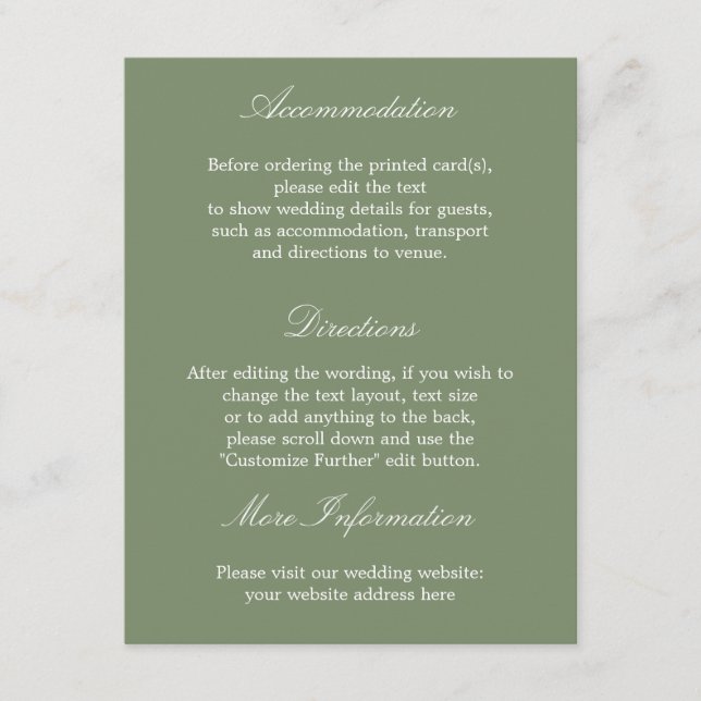 Elegante, stilvolle Sage Green Wedding Details Car Begleitkarte (Vorderseite)