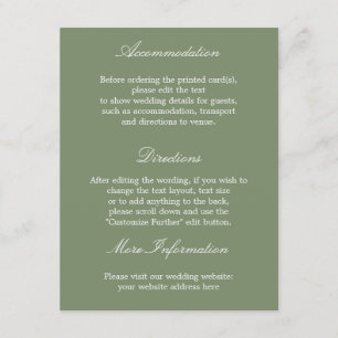 Elegante, stilvolle Sage Green Wedding Details Car Begleitkarte