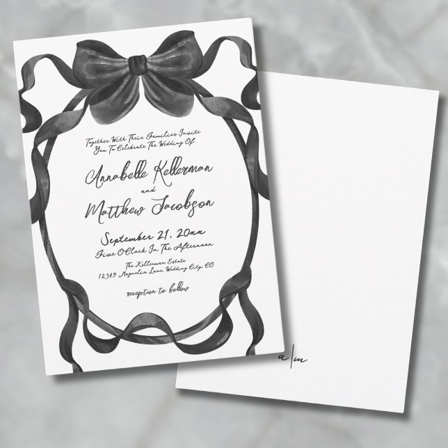 Elegante stilvolle Watercolor Black Bow Wedding Einladung (Elegant Stylish Watercolor Black Bow Wedding Invitation)