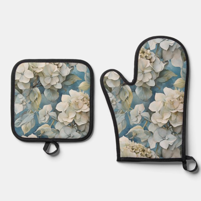 Elegante stimmungsvolle blaue Aquarellblumen Ofenhandschuh & Topflappen-Set (Vorderseite)
