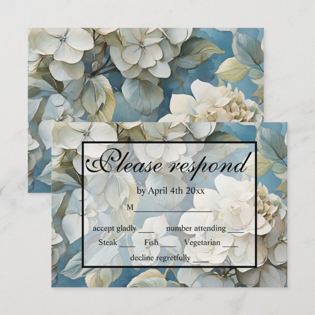Elegante stimmungsvolle blaue Aquarellblumen RSVP Karte (Vorne/Hinten)