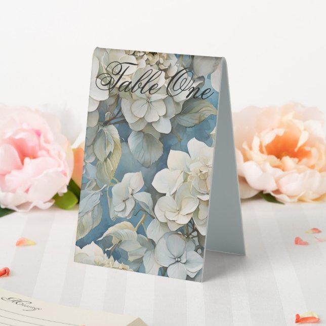 Elegante stimmungsvolle blaue Aquarellblumen Tischaufsteller (In Situ (Hochzeit))