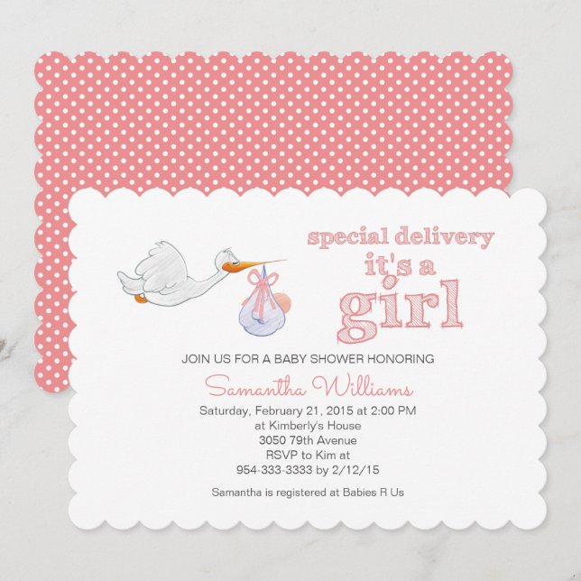 Elegante Stork Carried Baby GIRL BABY SHOWER Einladung (Vorne/Hinten)