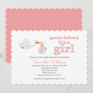 Elegante Stork Carried Baby GIRL BABY SHOWER Einladung