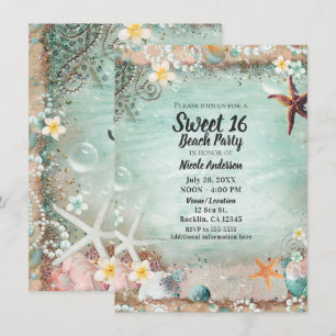 Elegante Strand-Seestern und Perlen Sweet 16 Party Einladung
