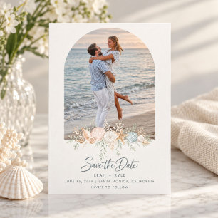 Elegante Strandhochzeit mit Muschel-Foto Save The Date