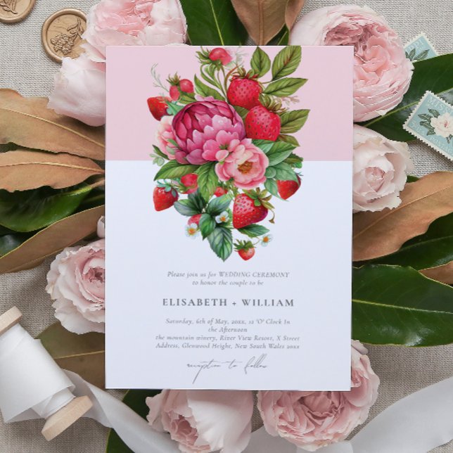 Elegante Strawberry und Peonies Summer Wedding Einladung (Von Creator hochgeladen)