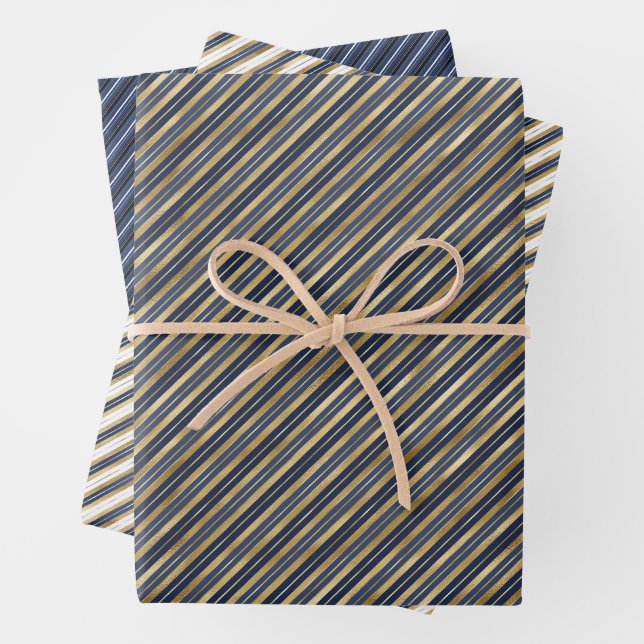 Elegante Streifen Blue Navy Gold Stilvolle Maskuli Geschenkpapier Set (Beispiel)