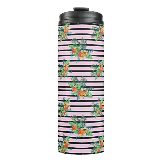 Elegante Streifen mit Blumen - Blume Schwarz und R Thermosbecher (Vorderseite)