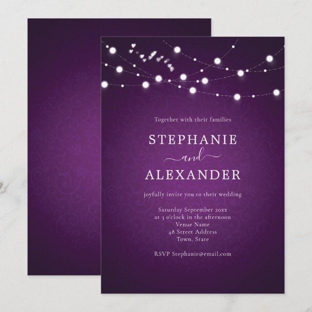 Elegante String Lights Herz Lila Hochzeit Einladung (Vorne/Hinten)