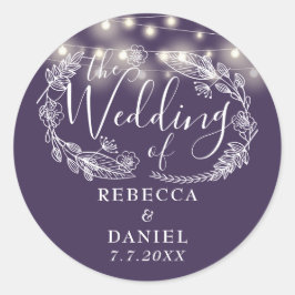 Elegante String Lights Lila Hochzeit Runder Aufkleber
