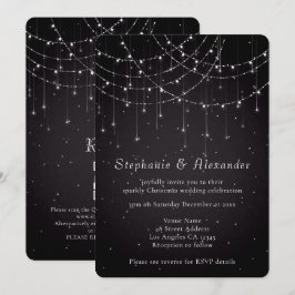 Elegante String Lights QR Code Damask Black Weddin Einladung