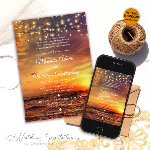 Elegante String Lights Summer Sunset Beach Wedding Einladung