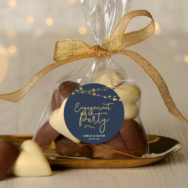 Elegante Strings of Lights Blue Engagement Party Runder Aufkleber (Von Creator hochgeladen)