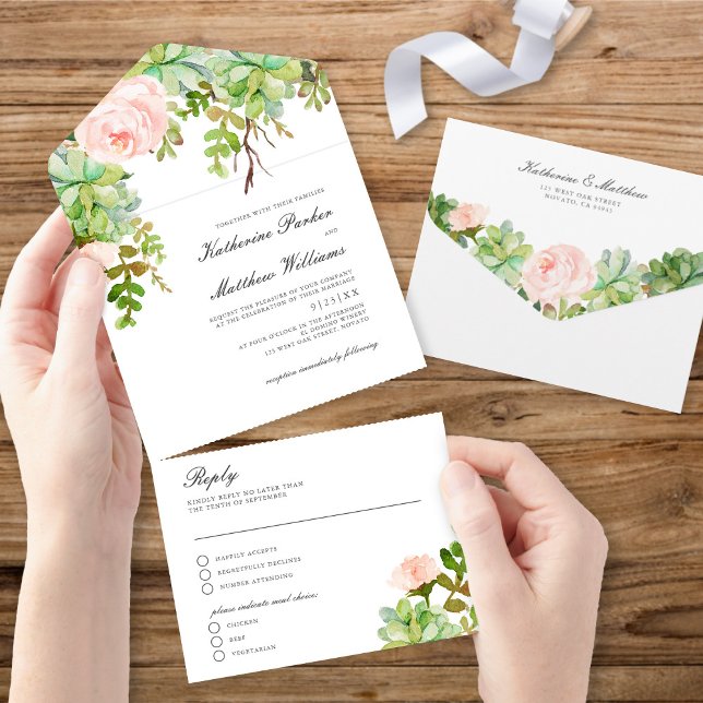 Elegante Sukkulente Rose Garden Boho Wedding All In One Einladung (Von Creator hochgeladen)
