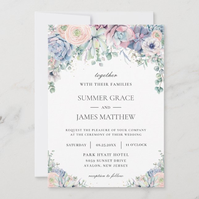 Elegante Sukkulenten Blush Blumengrün Hochzeit Einladung (Vorderseite)