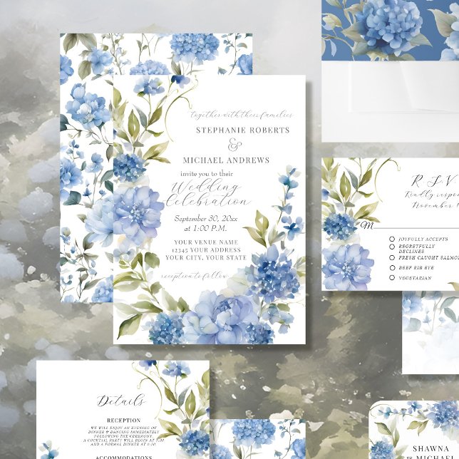 Elegante Summer Floral Blue and White Wedding Einladung (Von Creator hochgeladen)
