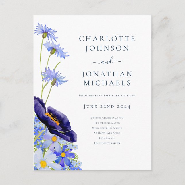 Elegante Summer Floral Blue Einladungspostkarte (Vorderseite)