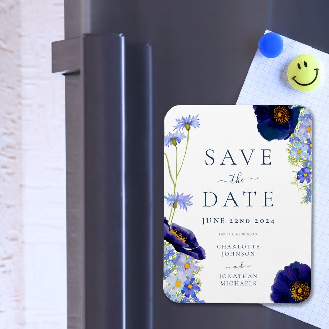 Elegante Summer Floral Blue Wedding Magnet (Elegant wildflower watercolor blue summer floral wedding save the date invitation fridge magnet)