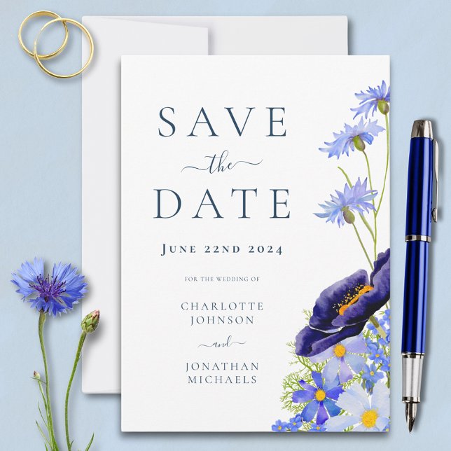 Elegante Summer Floral Blue Wedding Save The Date (Modern wildflower blue wedding save the date invitation with elegant typography script )