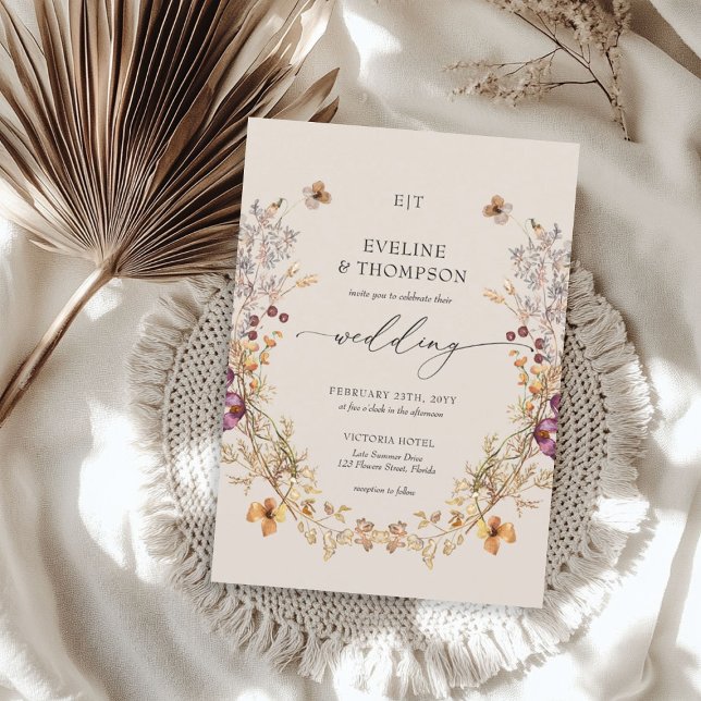 Elegante Summer Meadow Wildblumen Boho Wedding Einladung (Elegant Summer Meadow Wildflowers Boho Wedding Invitation)