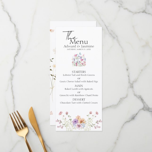 Elegante Summer Meadow Wildblumen Hochzeit Menükarte (Vorderseite/Rückseite Beispiel)