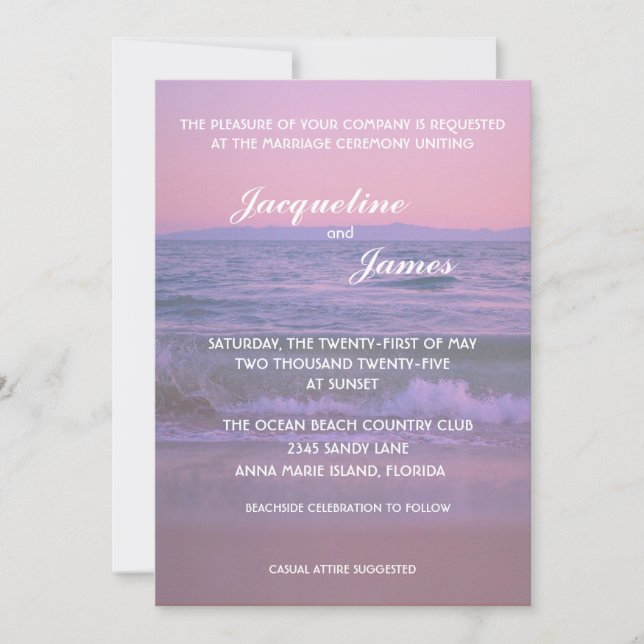 Elegante Summer Sunset Beach Hochzeit Einladung (Vorderseite)