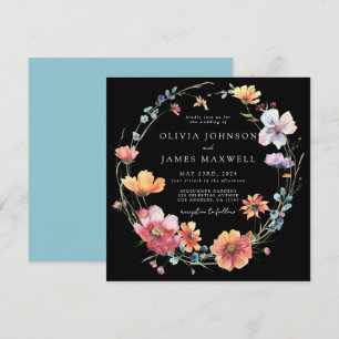 Elegante Summer Wildblume Square Black Wedding Einladung