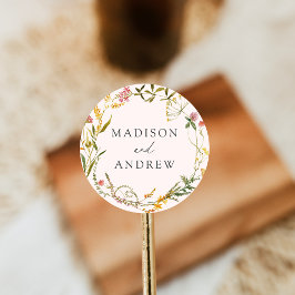 Elegante Summer Wildblume Wreath Blush Wedding Runder Aufkleber