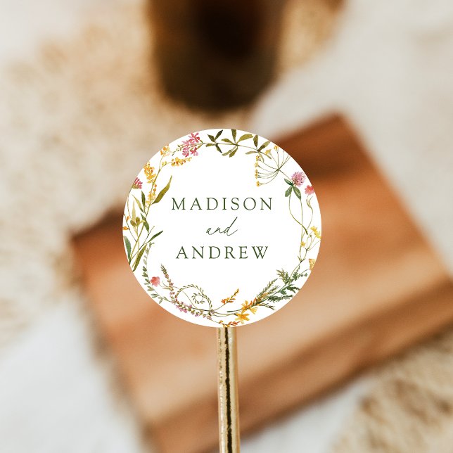 Elegante Summer Wildblume Wreath Wedding Runder Aufkleber (Von Creator hochgeladen)