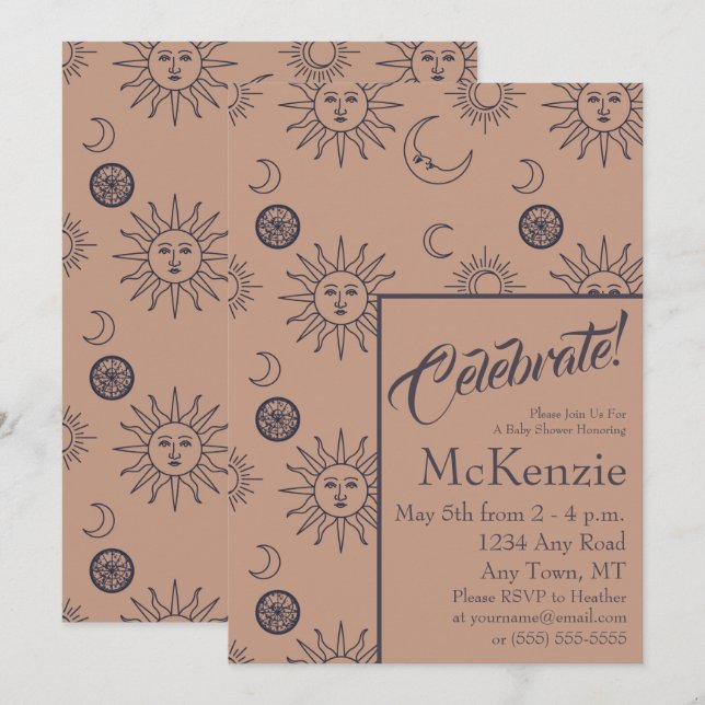 Elegante Sun- und Moon Celestial Baby Shower Einladung (Vorne/Hinten)