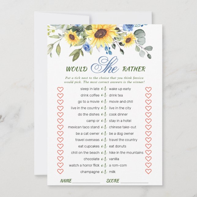 Elegante Sunflowers Brautparty Game Card Einladung (Vorderseite)