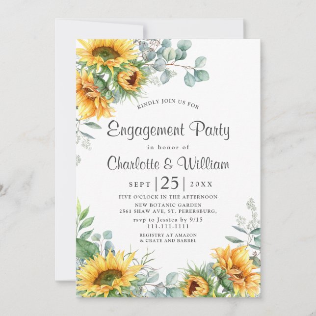 Elegante Sunflowers Eukalyptus Engagement Party Einladung (Vorderseite)