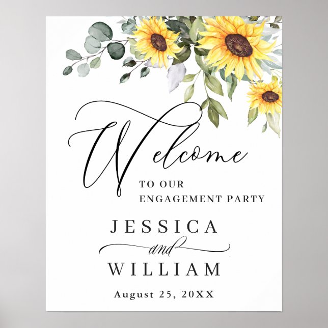 Elegante Sunflowers Eukalyptus Engagement Party Poster (Vorne)