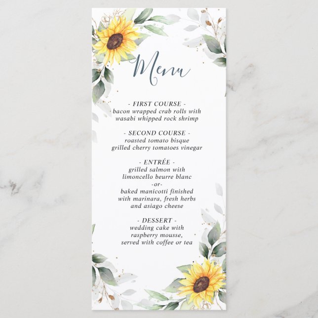 Elegante Sunflowers Grüne Hochzeitskarte Menükarte (Vorderseite)