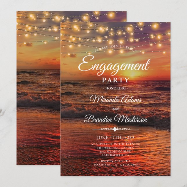 Elegante Sunset Beach Light Summer Engagement Part Einladung (Vorne/Hinten)