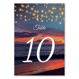 Elegante Sunset Beach String Light Summer Wedding Tischnummer