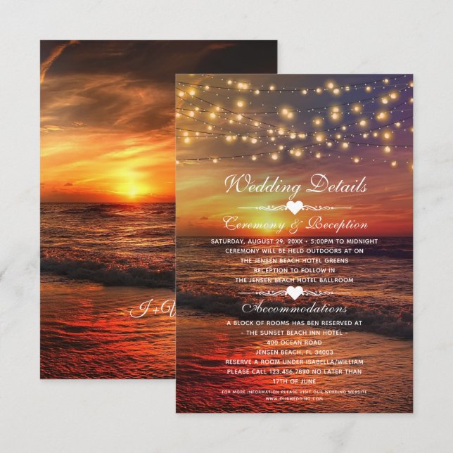 Elegante Sunset Beach Summer Wedding Details Card Einladung (Vorne/Hinten)
