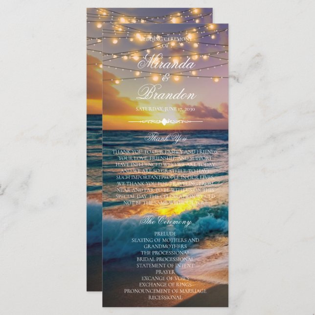 Elegante Sunset Beach Summer Wedding Program Card (Vorne/Hinten)