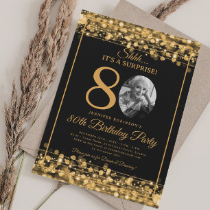 Elegante SURPRISE-Foto 80. Geburtstag Gold Glamour Einladung