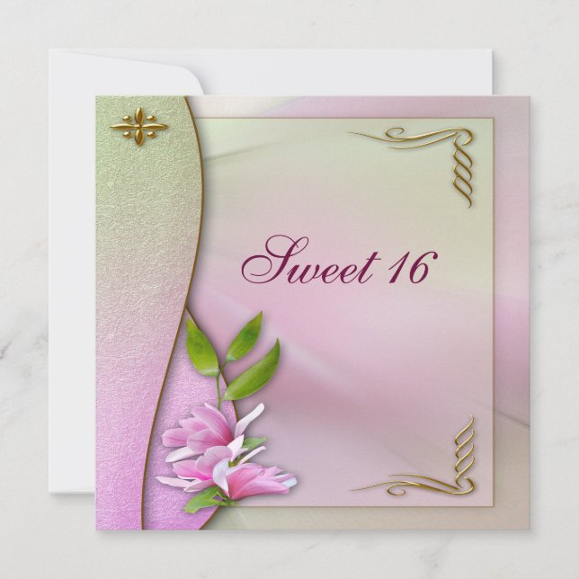Elegante Süße 16 Rosa Magnolia Einladung (Vorderseite)