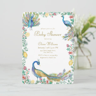 Elegante süße florale Zitronen-Pfau-Baby-Party Einladung