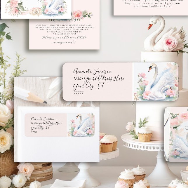 Elegante Swan Floral Pink Ribbon Rücksendeadresse (Von Creator hochgeladen)