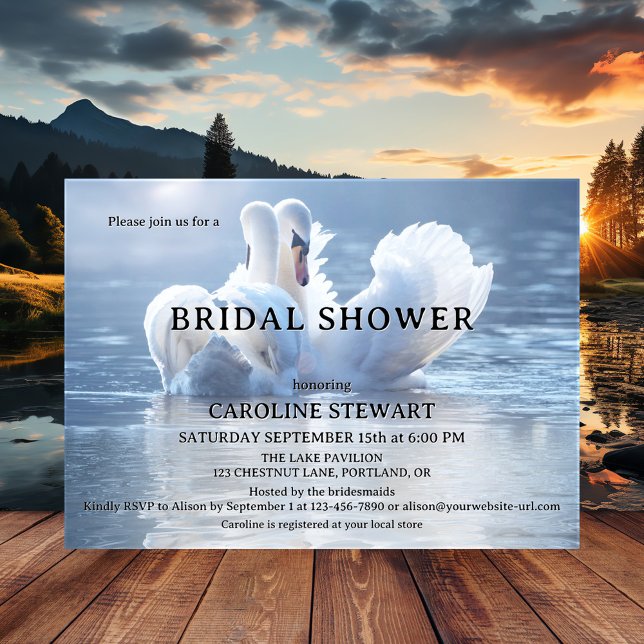 Elegante Swan Lake Bridal Dusche Einladung (Elegant dreamy bridal shower invitation featuring two swans in love on a hazy sunlit lake)