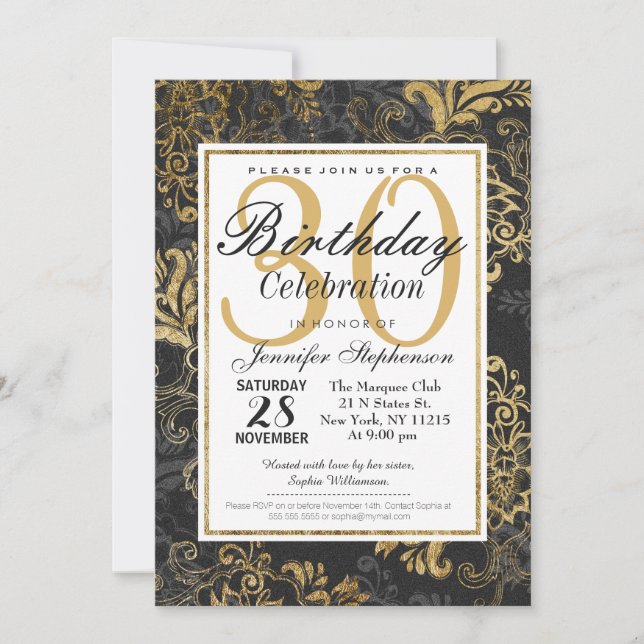 Elegante Swanky Imitate Gold, Schwarz & Gray Flora Einladung (Vorderseite)
