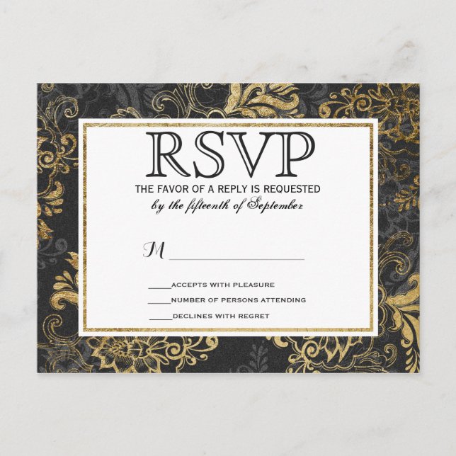 Elegante Swanky Imitats Gold, Schwarz & Gray Flora Einladungspostkarte (Vorderseite)