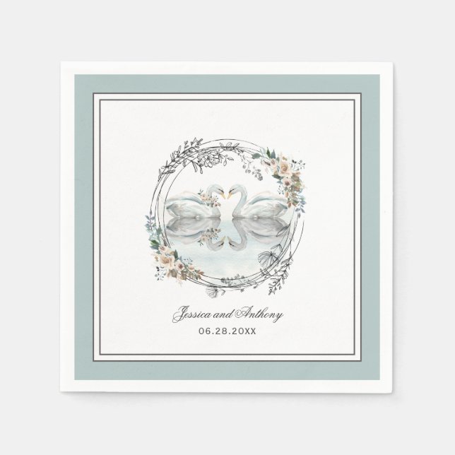 Elegante Swans Hochzeit mit floraler Wasserfarbe Serviette (Vorderseite)